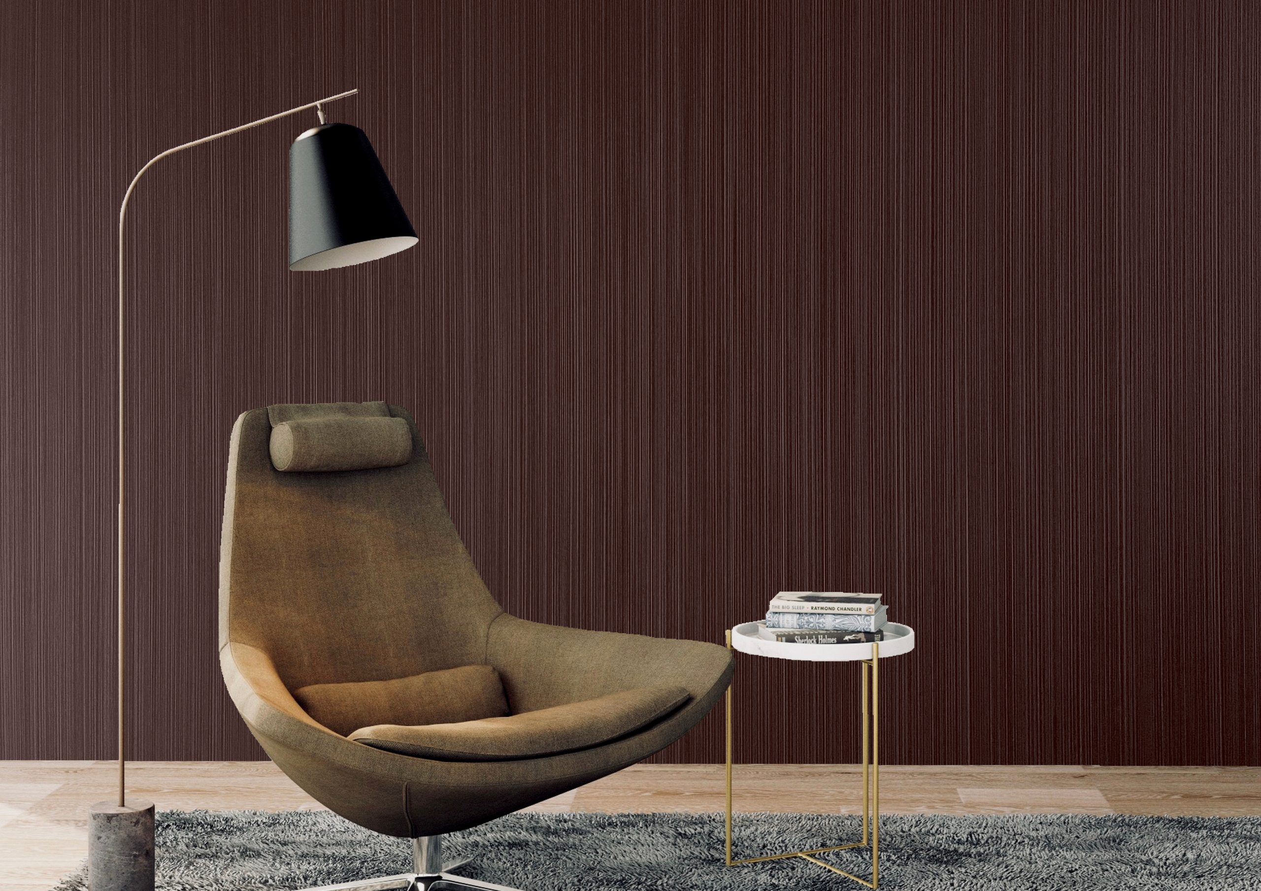 Frequency wallcovering shown in a rich burgundy interior