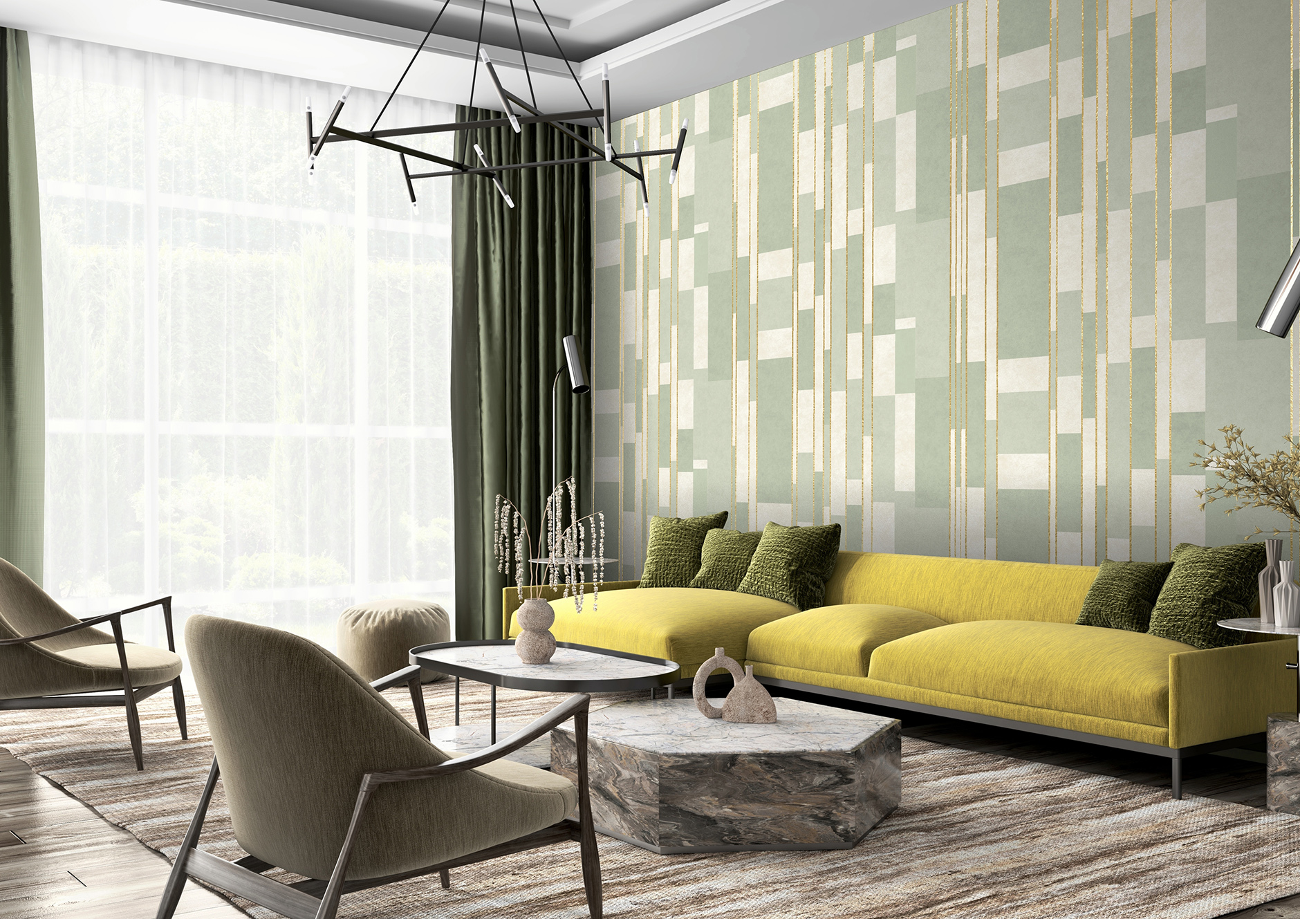 Stratelle wallcovering shown in a contemporary living room