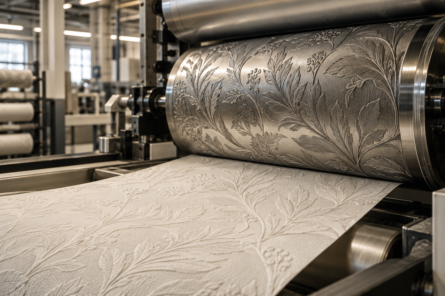 Premium wallcovering being embossed by precision manufacturing rollers in a UK factory